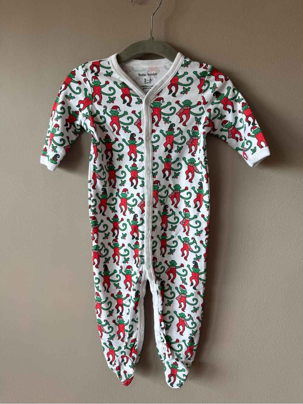 Roller Rabbit NWOT Monkey Christmas Holiday Print Pima Cotton Sleeper 3-6 Months